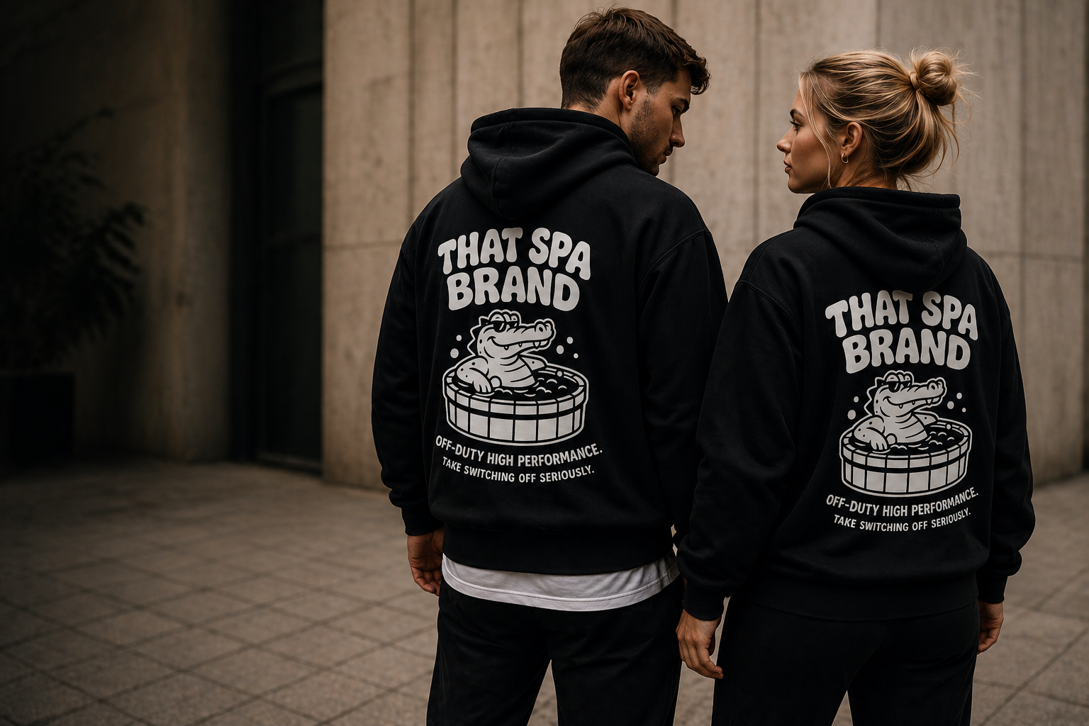 That Spa Brand hoodie worn by two people