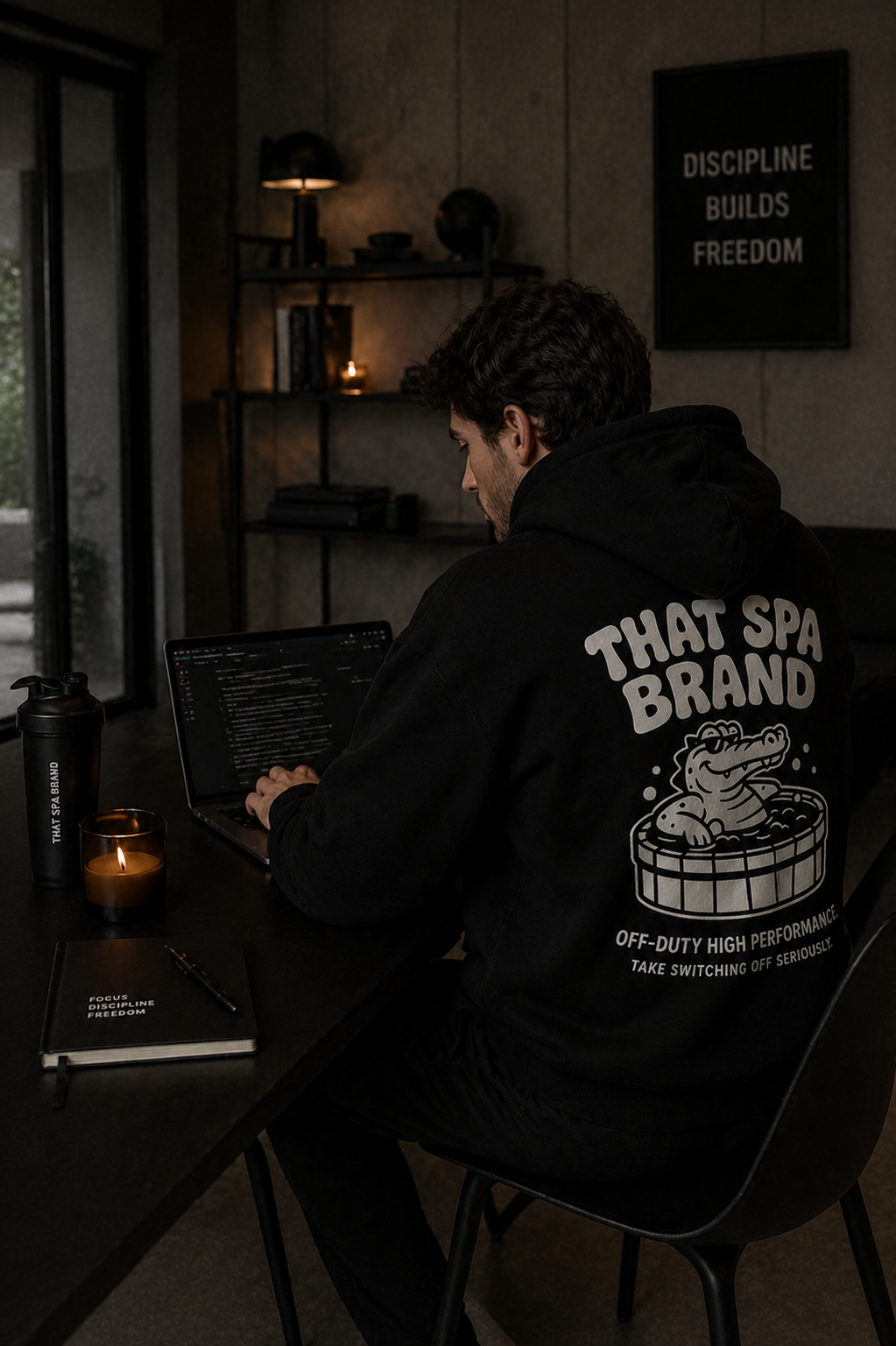 Man working on laptop wearing That Spa Brand hoodie